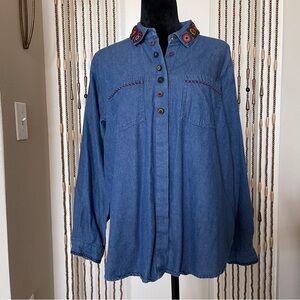 Vintage Blue Denim Embroidered Button Down Collared Blouse XL
